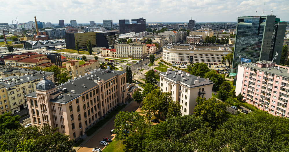 Panorama Łodzi, skrzyżowanie ulic Uniwersyteckiej i Narutowicza